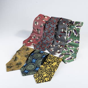 Andrea Branzi; Matteo Thun; Nathalie Du Pasquier; I. Gibb; Keith Haring, Seven ties, 1980s / 1992: L. approx. 145-150 cm. Made by Memphis, Milan, and Special Editions. Silk. Marked: manufacturer's patch.