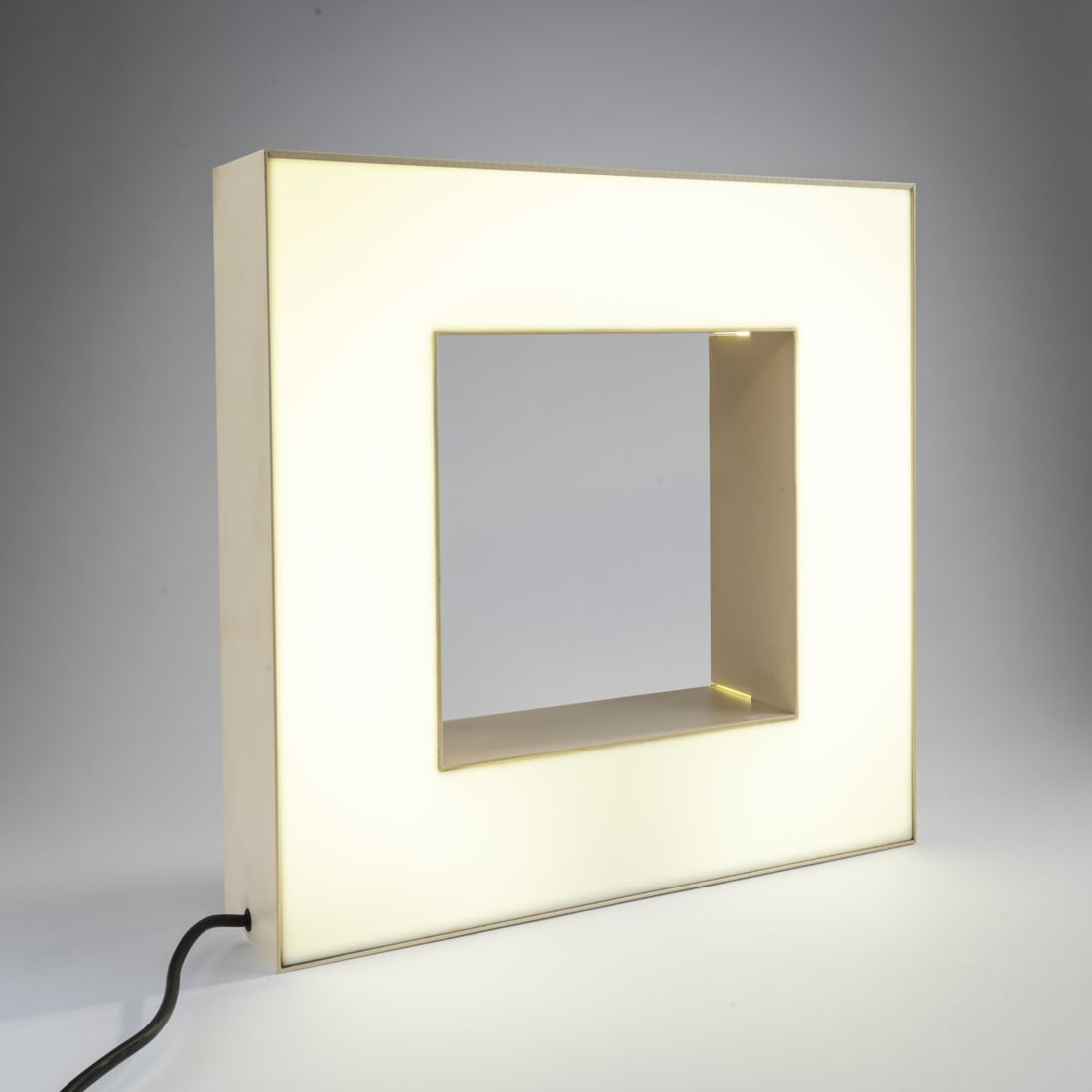 Aldo van den Nieuwelaar, 'Ming' wall/table light, 1968: H. 42 x 42 x 9.8 cm. Made by Boops Lighting, Bavel, Netherlands, c. 2008. Plastic, crème-white and white.