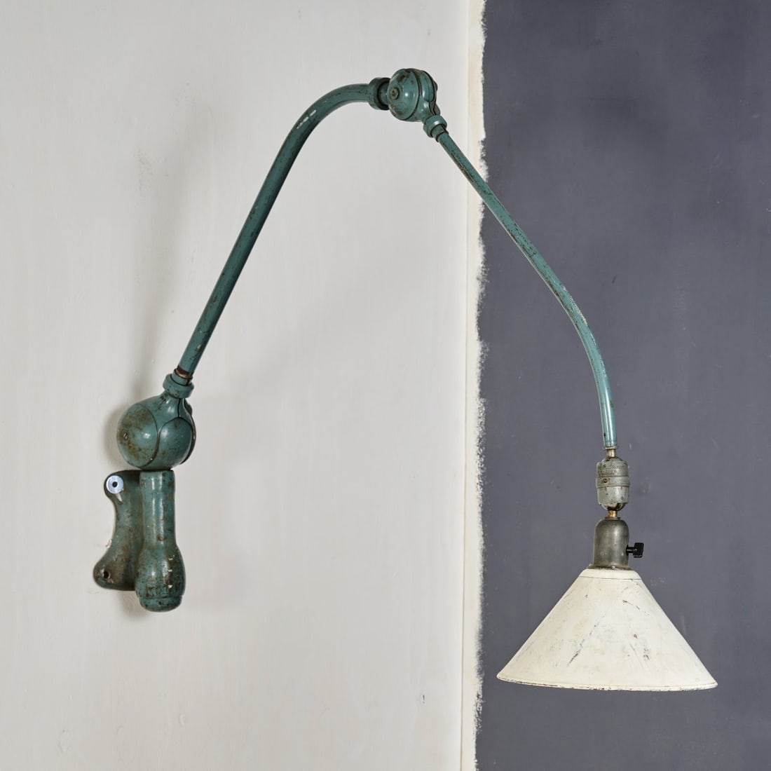 Johan Petter Johansson, 'Triplex' wall light, 1919: L. 75-140 cm, Ø 24 cm. Made by Triplex, Sweden. Sheet metal, tubular metal, painted green-blue, tubular metal, nickel-plated, aluminum sheet, painted white. Marked: MADE IN SWEDEN, TRIPLEX - PE
