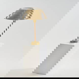 Lisa Johansson-Pape, 'Senator' table light, 1940s: H. 61 cm, Ø 43.5 cm. Made by Stockmann Orno Oy, Kerava. Tubular brass, sheet brass, leather, sheet metal, brown, plastic, white.