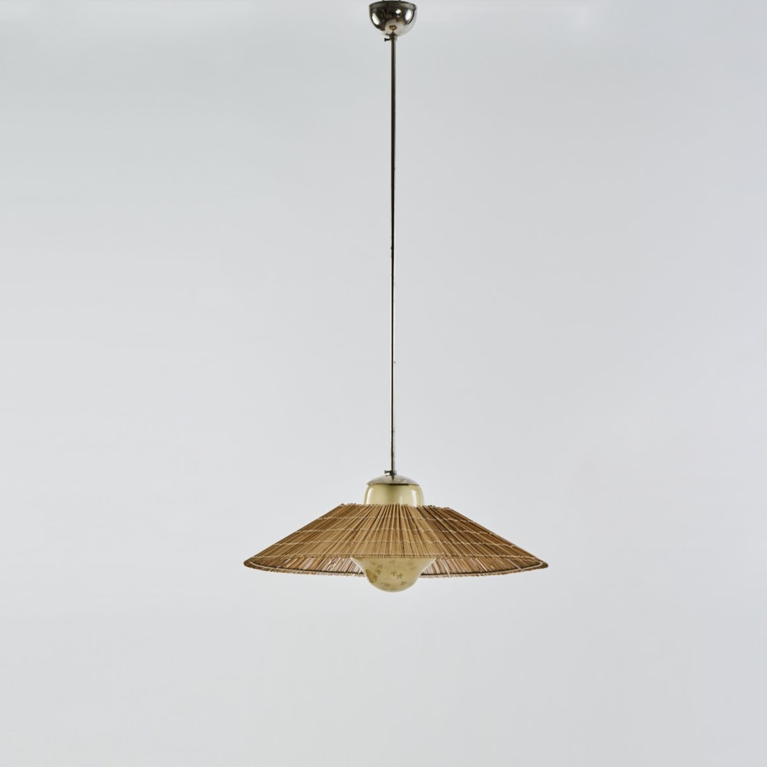 Gunilla Jung, Ceiling light, 1940s: H. 117 cm, Ø 63 cm. Made by Kauklahden Lasitehdas, Kauklahden. Tubular steel, sheet steel, nickel-plated, honey-colored glass, hand-painted with floral motif, wooden sticks.