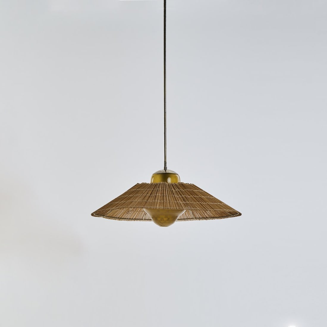 Gunilla Jung, Ceiling light, 1940s: H. 117 cm, Ø 63 cm. Made by Kauklahden Lasitehdas, Kauklahden. Tubular steel, sheet steel, nickel-plated, honey-colored glass, hand-painted with floral motifs.