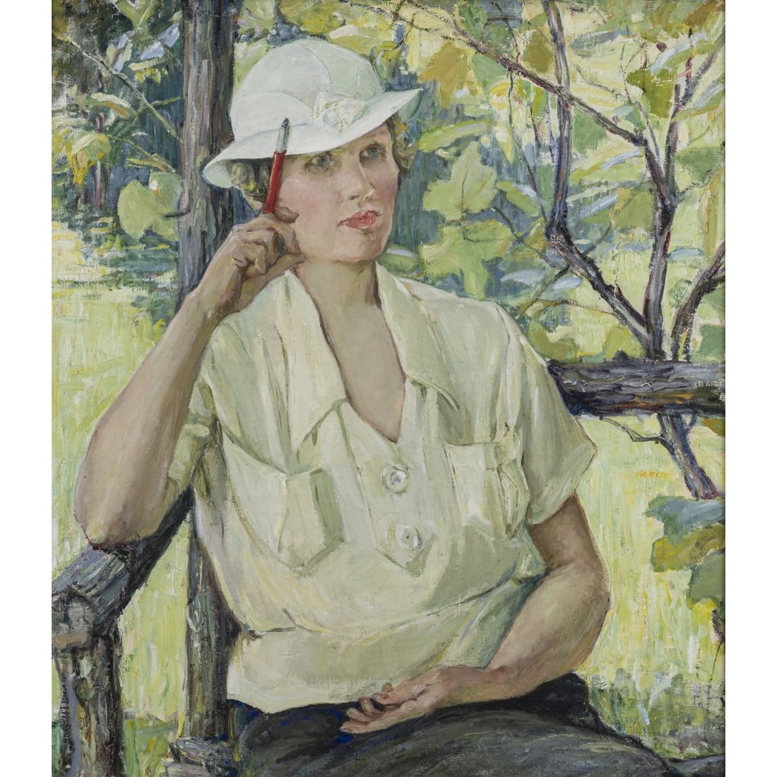 Agnes Millen Richmond (1870 Alton, Il - 1964 New York City), 'Portrait of a Woman on a Bench in a (1 of 2)