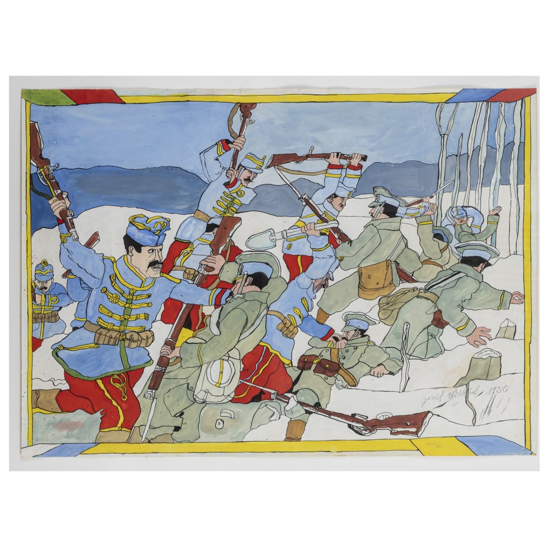 Josef Wittlich (1903 Neuwied - 1982 Höhr-Grenzhausen), Untitled (Soldiers in Combat), 1950: Gouache on paper. 62.0 x 87.0 cm (sheet), 77.2 x 104.5 cm (frame). Signed lower right: Josef Wittlich and dated: 1950 (pencil). Framed under glass.