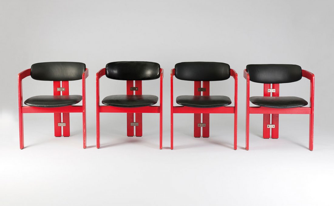 Four 'Pamplona' chairs, 1965: Augusto Savini. Four 'Pamplona' chairs, 1965. H. 72.5 x 57.5 x 53.5 cm. Made by Pozzi, Mariano Comense. Wood painted red, black leather, metal.