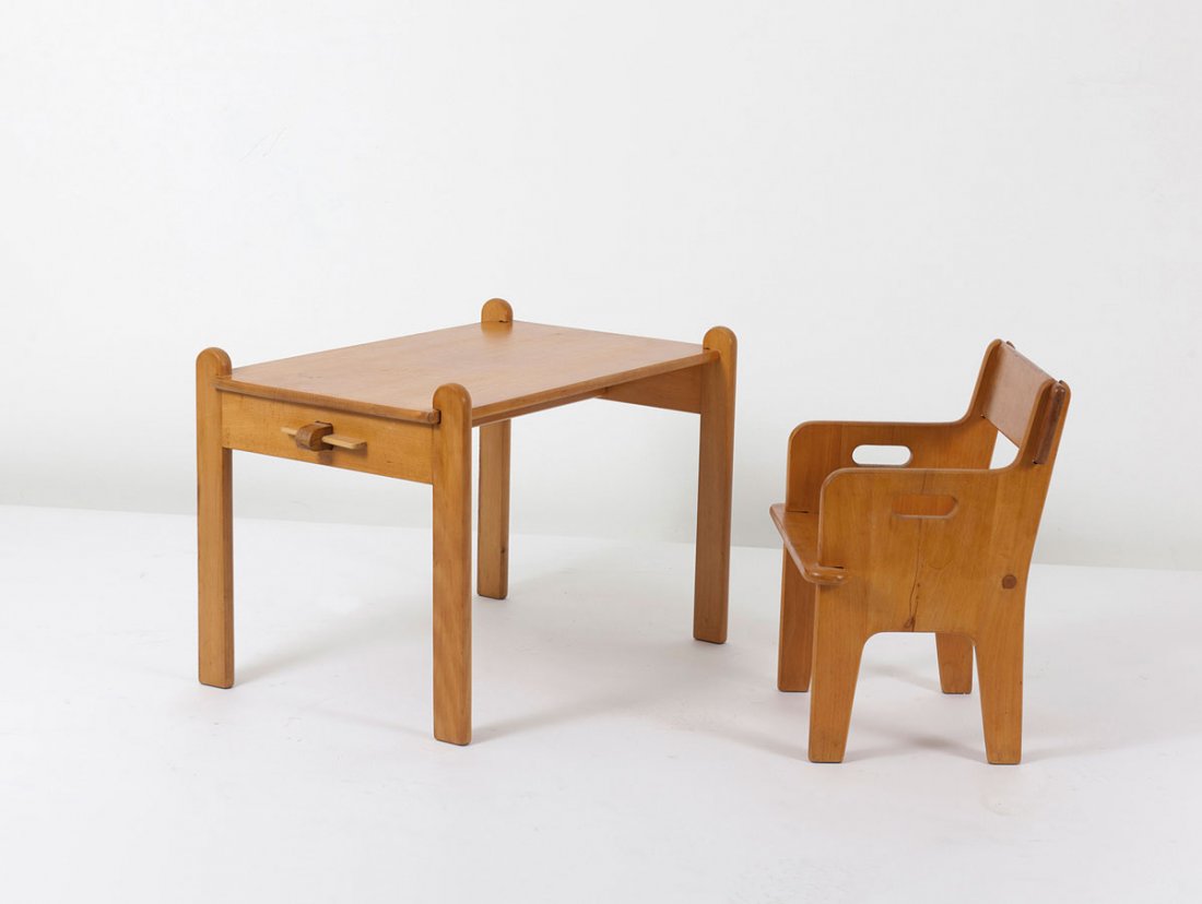 'Peter's chair and table', 1944: Hans J. Wegner. Peter's chair and table, 1944. Chair: H. 48 x 39.5 x 31 cm; table: H. 45 x 73 x 43.5 cm. Made by Carl Hansen & Son, Aarup. Beechwood.