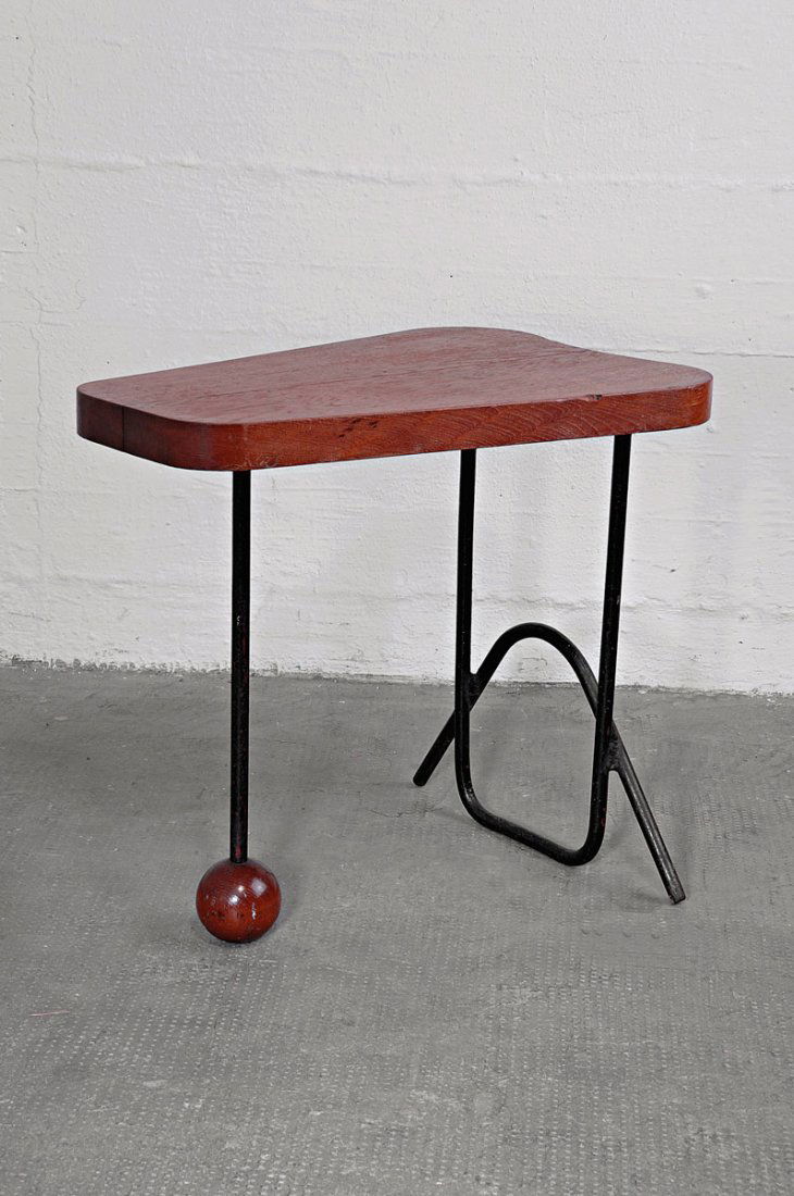 Small side table, c1952: Jacques Hitier (attributed). Small side table, c1952. H. 51 x 37 x 57 cm. Tubular steel, painted black, oak wood top.