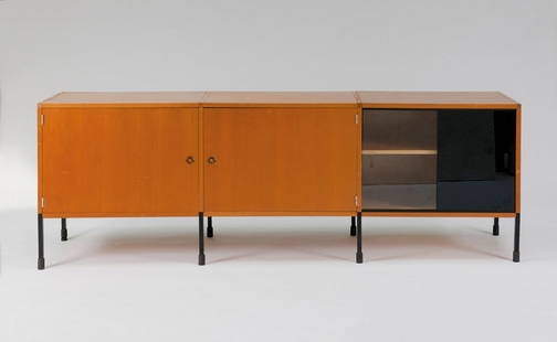 'ARP' sideboard, c1955: Pierre Guariche. 'ARP' sideboard, c1955. H. 70 x 218 x 46 cm. Made by Atelier de Recherche Plastique (ARP), Paris; Minivielle, Paris. Wooden construction with birch veneer, rectangular steel, painted