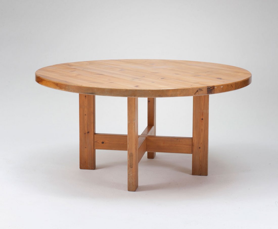 Table, c1960: Boerge Mogensen. Table, c1960. H. 72 cm; D. 150.5 cm. Made by Karl Andersson & Soener, Husqvarna. Pine wood. Marked: Maker's label.