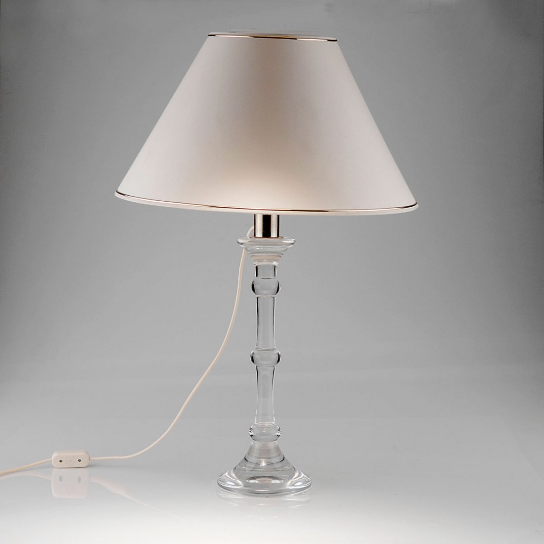 'Tiffany' table light, 1967: Ingo Maurer. 'Tiffany' table light, 1967. H. 78 cm; D. 53 cm. Made by Design M, Ingo Maurer, Munich. Glass base, creme-white fabric shade.