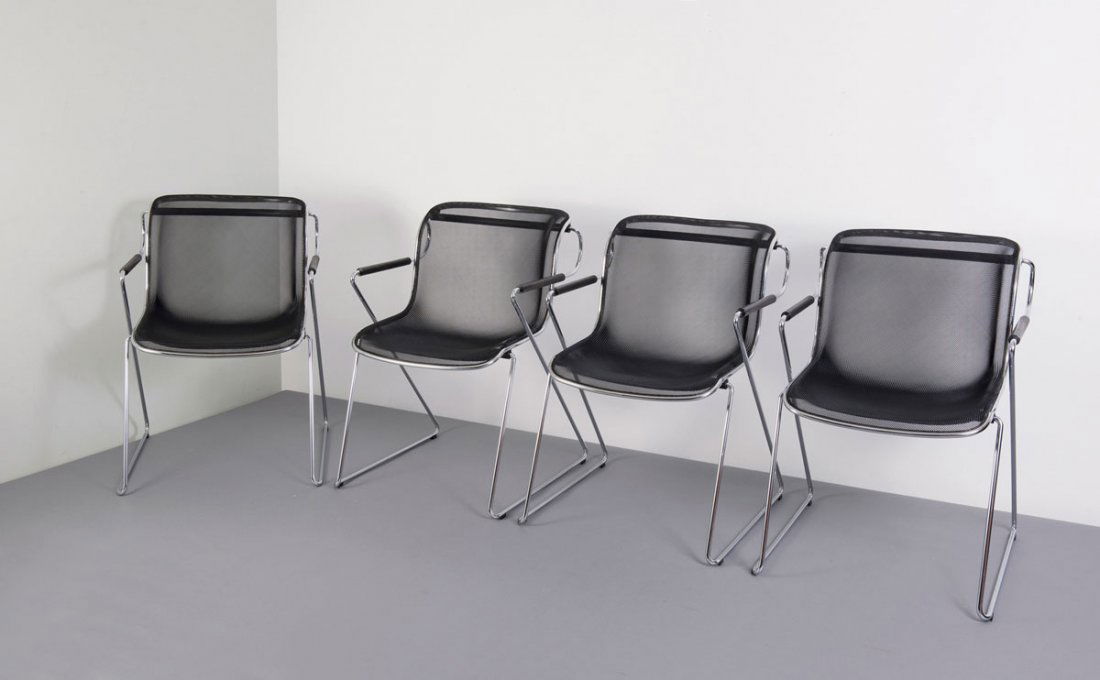 Four 'Penelope' chairs, 1982: Charles Pollock. Four 'Penelope' chairs, 1982. H. 83 x 55.5 x 63 cm. Made by Castelli, Bologna. Chrome-plated tubular steel, metal wire, painted black, rubber. Marked: FX.