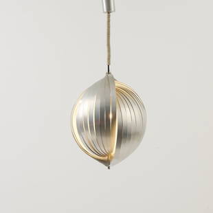 Henri Mathieu (attr.), 'Bonnieux' ceiling light, c. 1970: H. 51.5 cm, Ø 38 cm. Made by Mathieu Lustrerie, Gargas (ATTR.). Tubular metal, aluminum lamellae.