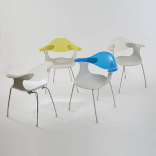 Ross Lovegrove, Four armchairs 'Bluebelle', 1997: H. 80 x 69 x 50 cm. Made by Driade, Caorso. Tubular metal, painted white, white, yellow and blue plastic. Marked: manufacturer's embossing.