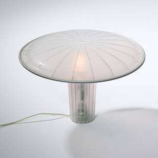 Ross Lovegrove, Table light 'Agricon', 2001: H. 29 cm, Ø 41 cm. Made by Luceplan, Milan. Plastic, colorless shimmering, aluminum sheet.