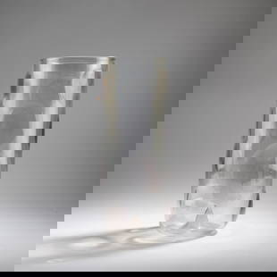Angelo Barovier, 'Bolloni' vase, 1969: H. 39.2 cm. Execution: Barovier & Toso. Clear glass with extensively applied lentils in pale violet, iridescent.