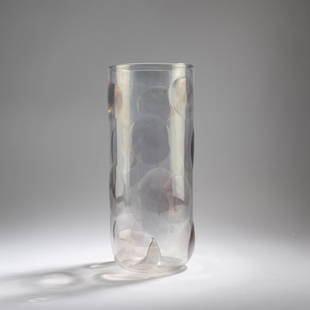 Angelo Barovier, 'Bolloni' vase, 1969: H. 39.2 cm. Execution: Barovier & Toso. Clear glass with extensively applied lentils in pale violet, iridescent.