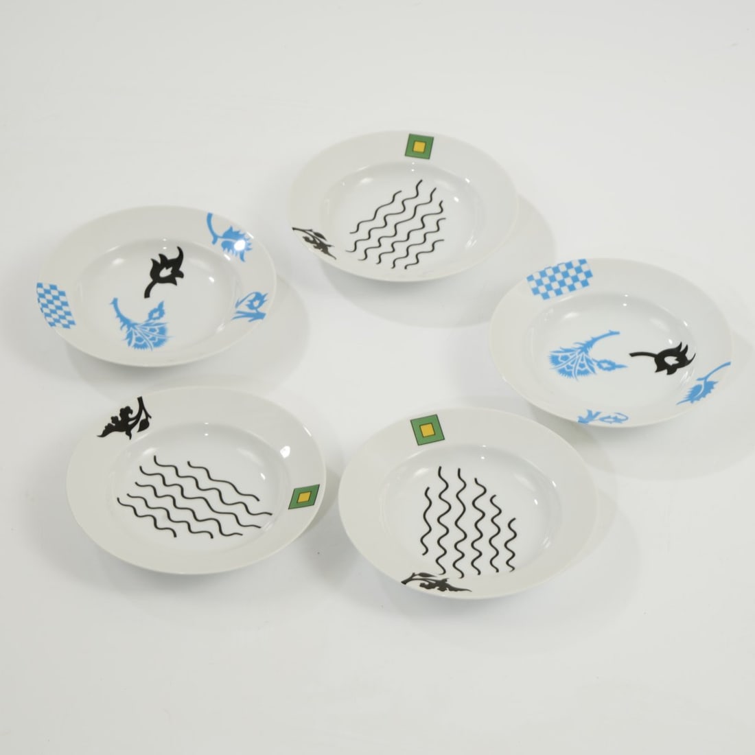 Ettore Sottsass, Two 'Renaissance' soup plates, 1986 and three 'Medici' soup plates, c. 1985 (1 of 7)