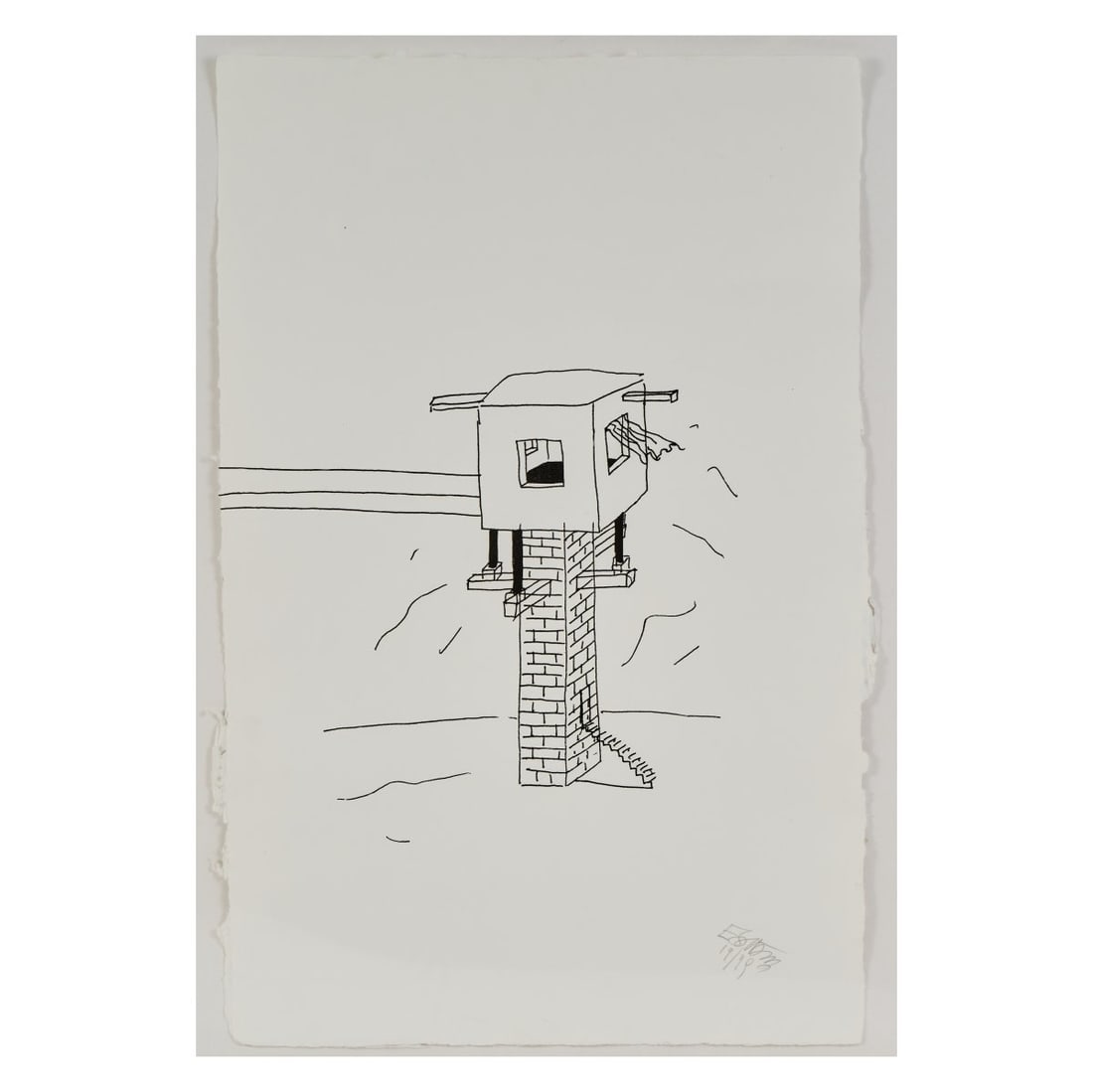 Ettore Sottsass, Etching 'Una torre sul mare', 1987: 77 x 51 cm. Printed by designers' art. Etching on laid paper. Marked: ESottsass 19/99 (pencil), stamp kalos studio.