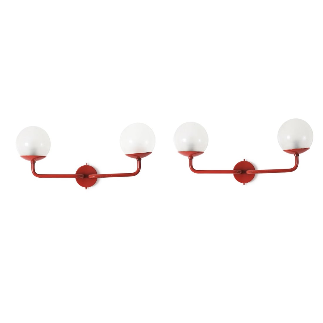 Arteluce, Milan, Two scones, c. 1960: H. 26 x 53 x 14 cm. Tubular metal, sheet metal, painted red, glass, clear matt and opal white. Marked: Manufacturer's labels.