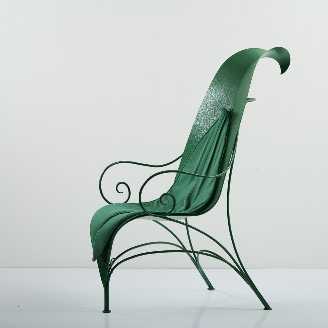 Fabrizio Corneli, 'Foglia' chair, 1986: H. 120 x 58 x 90 cm. Made by Mirabili, Italy. Metal tube, sheet metal, painted green, textile cover, green.