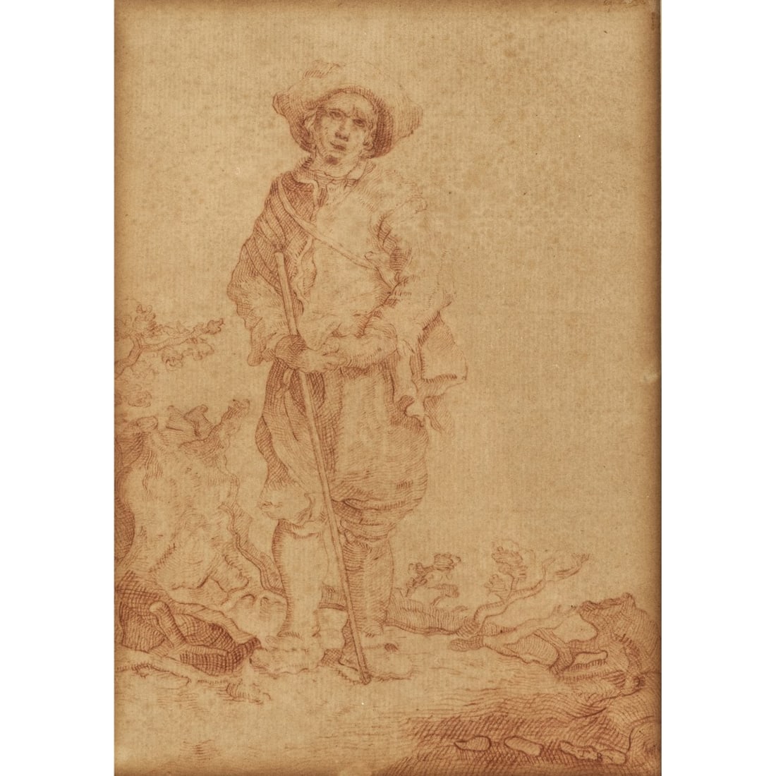 Dirck Barendsz (1534 Amsterdam - 1592 ibid) (attributed), Standing man with hat, 16th century: Red chalk on paper. 21.3 x 14.8 cm (passepartout cutout), 36.0 x 29.0 cm (frame). Framed under glass in a passe-partout.