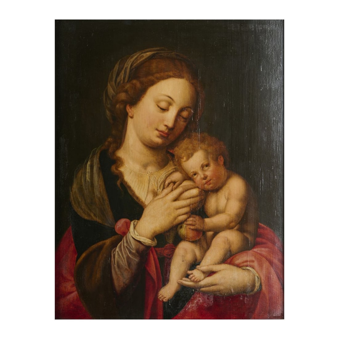 Joos van Cleve (1485 Kleve - 1540 Antwerp) (Surrounding), Madonna lactans, around 1500: Oil on wood. 40.2 x 31.7 cm (plate), 52.0 x 43.4 cm (frame). Framed.
