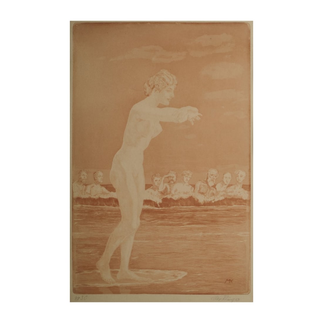 Max Klinger (1857 Leipzig - 1920 Naumburg), 'Venus Anadyomene' (Sea Train), 1915: Aquatint etching on Japanese paper. 46.0 x 30.0 cm (plate), 64.0 x 47.2 cm (frame). Inscribed lower left: No. 30, signed lower right: Max Klinger (pencil). Copy from an unknown high edition. Framed un