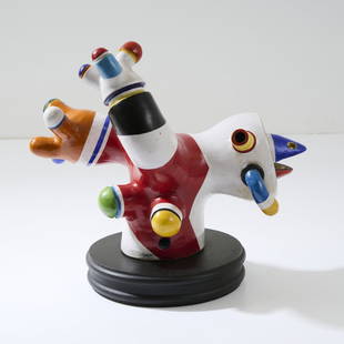 Otmar Alt (1940 Wernigrode - lives and works in Hamm), Sculpture 'Vogelbaum', 1970: Earthenware, polychrome glazed, on a wooden base. H. 43.0 x 46.0 x 32.0 cm. Signed on the foot of the figure: O. Alt and dated: (19)70 (on glaze).