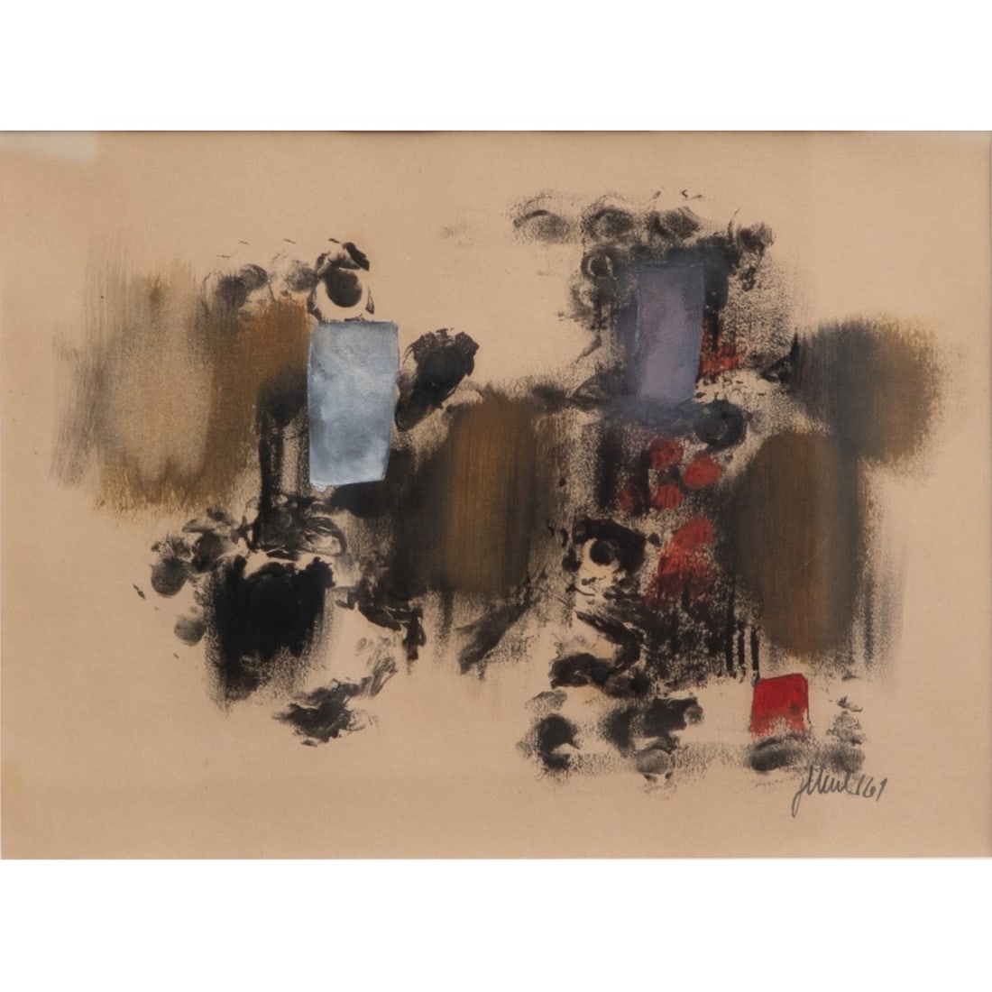 Fritz Winter (1905 Altenbögge - 1976 Herrsching), Abstract composition, 1961: Oil and ink on paper. 17.0 x 23.5 cm (passepartout cutout), 34.5 x 40.0 cm (frame). Signed lower right: Fritz Winter and dated: (19)61 (pencil). Framed under glass in a passe-partout.