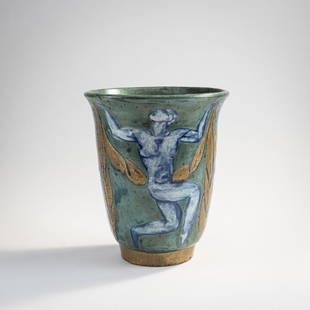 Edouard Cazaux, Vase, c. 1930: H. 24.4 cm, Ø 20.6 cm. Earthenware, green, blue and anthracite gray glaze on alkaline white, with gold leaf, decoration with round dance. Signed on the bottom: Cazaux (incised).Literature:Cf.