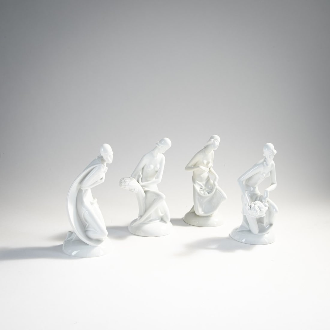 Gerhard Schliepstein, 'Four Seasons', 1928: H. 18.1 cm. Execution: Rosenthal, Selb, 1928-38. Porcelain, white, glazed. Base signed: Schliepstein. Bottom marked: manufacturer's mark (green, under glaze), model numbers K981-984 (embossed). Liter