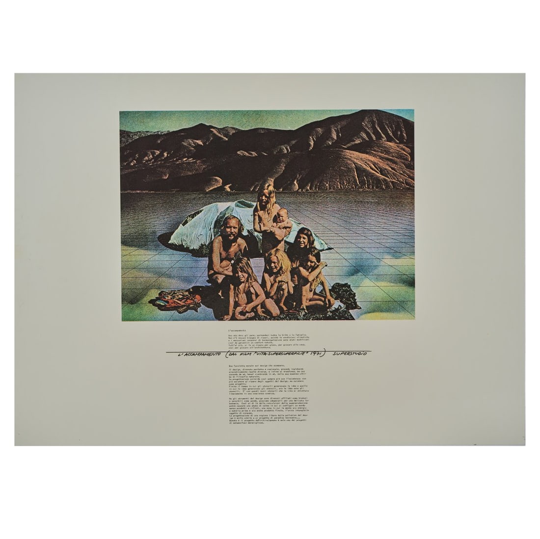 Superstudio; Piero Frassinelli; Alessandro Magris; Roberto Magris; Adolfo Natalini; Cristiano: 55 x 75 cm. Made by Edizioni Jabik Mulipli, I.T.F Interfindings, Milan.Rotoflexograph on aluminum. Marked: Designer infos and certificates to the back.