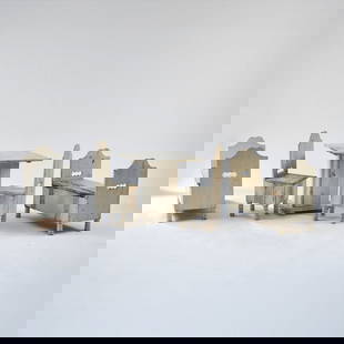 Eliel Saarinen, Two children's benches, two children's chairs and a children's table 'Munkkiniemi',: H. 63 x 67 x 37 cm; H. 73.5 x 27 x 31 cm; H. 58 x 59 x 59 cm. Pinewood, painted white. Literature: The children's furniture was made for the Munkkiniemi School in Helsinki. Saarinen designed both, th