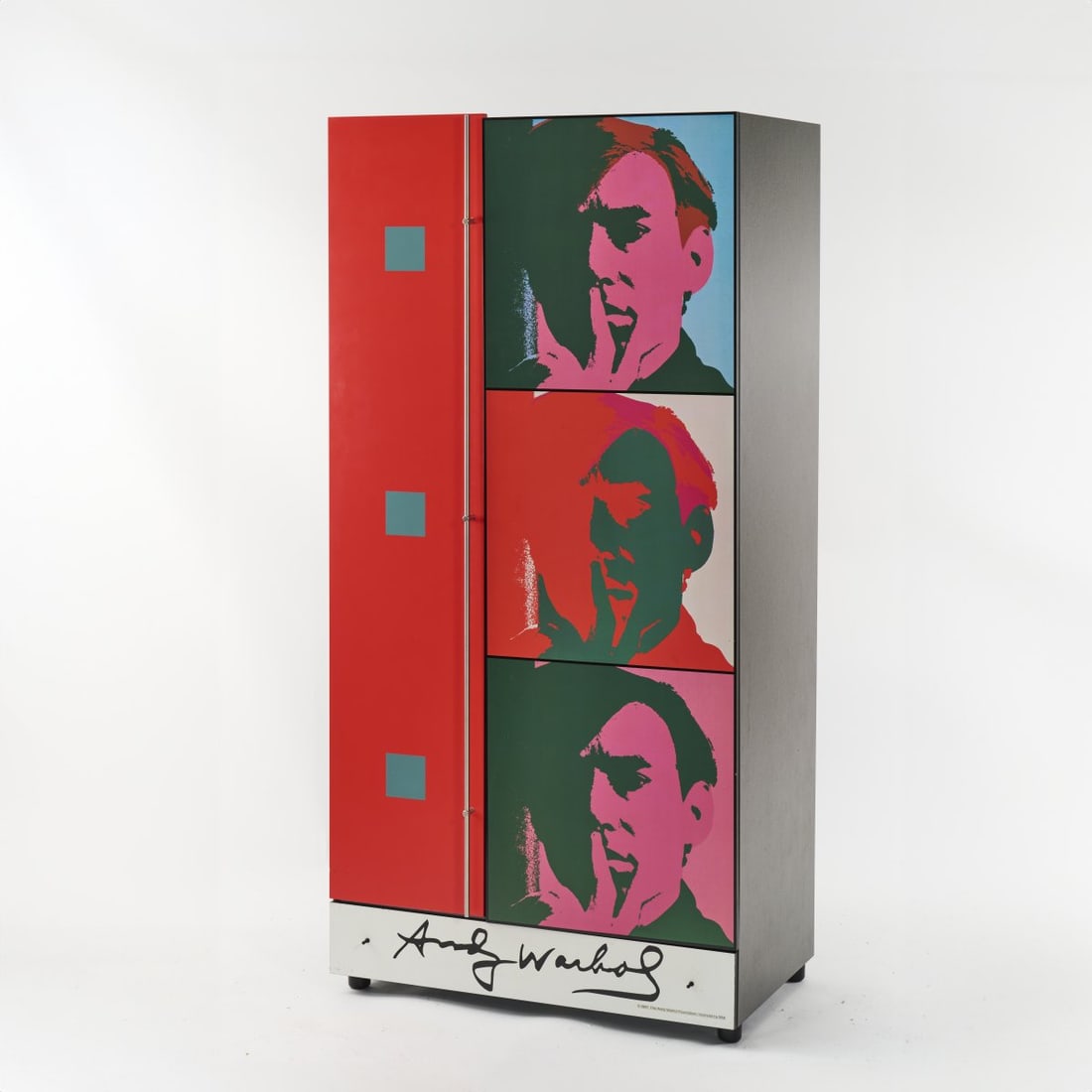 Andy Warhol (AFTER), Wardrobe 'A Set of Six Self-Portraits', 1966/1997: H. 205 x 100 x 60 cm. Made by Art Design by hb Collection. Wood, polychrome and foiled, stainless steel. Marked: Manufacturer's plaque with edition and artist information.