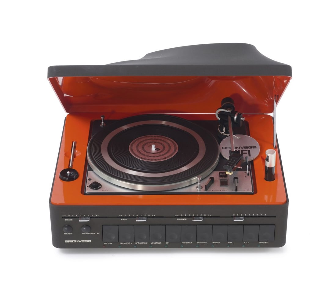 Marco Zanuso; Roberto Lucci & Paolo Orlandini, 'Concetto 101' record player, 1974: H. 20 x 45 x 34.5 cm. Made by Brionvega, Milan. Plastic, painted black, sheet metal with red enamel. Marked: Brionvega. Literature: Exh. cat. Il design di BRIONVEGA, Milan 2001, p. 26.
