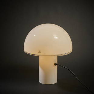 Luciano Vistosi, 'Onfale Tavolo' table light, 1978: H. 45 cm. Made by Artemide, Milan. Glass, clear and white. Marked: manufacturer's sticker (2x).  Literature: Fiell (ed.), 1000 Lights, Vol. 2, Cologne 2005, p. 284.