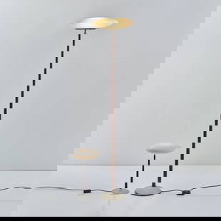Matteo Thun, 'PAO' table light and 'PAO F' floor lamp, 1993: Table light: H. 55 cm, Ø 33 cm, floor lamp: H. 188 x 42 x 30 cm. Made by Arteluce, Milan. Cherry wood, clear and white glass, frosted, sheet metal, nickel-plated. Marked: manufacturer's sticker