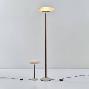 Matteo Thun, 'PAO' table light and 'PAO F' floor lamp, 1993: Table light: H. 55 cm, Ø 33 cm, floor lamp: H. 188 x 42 x 30 cm. Made by Arteluce, Milan. Cherry wood, clear and white glass, frosted, sheet metal, nickel-plated. Marked: manufacturer's