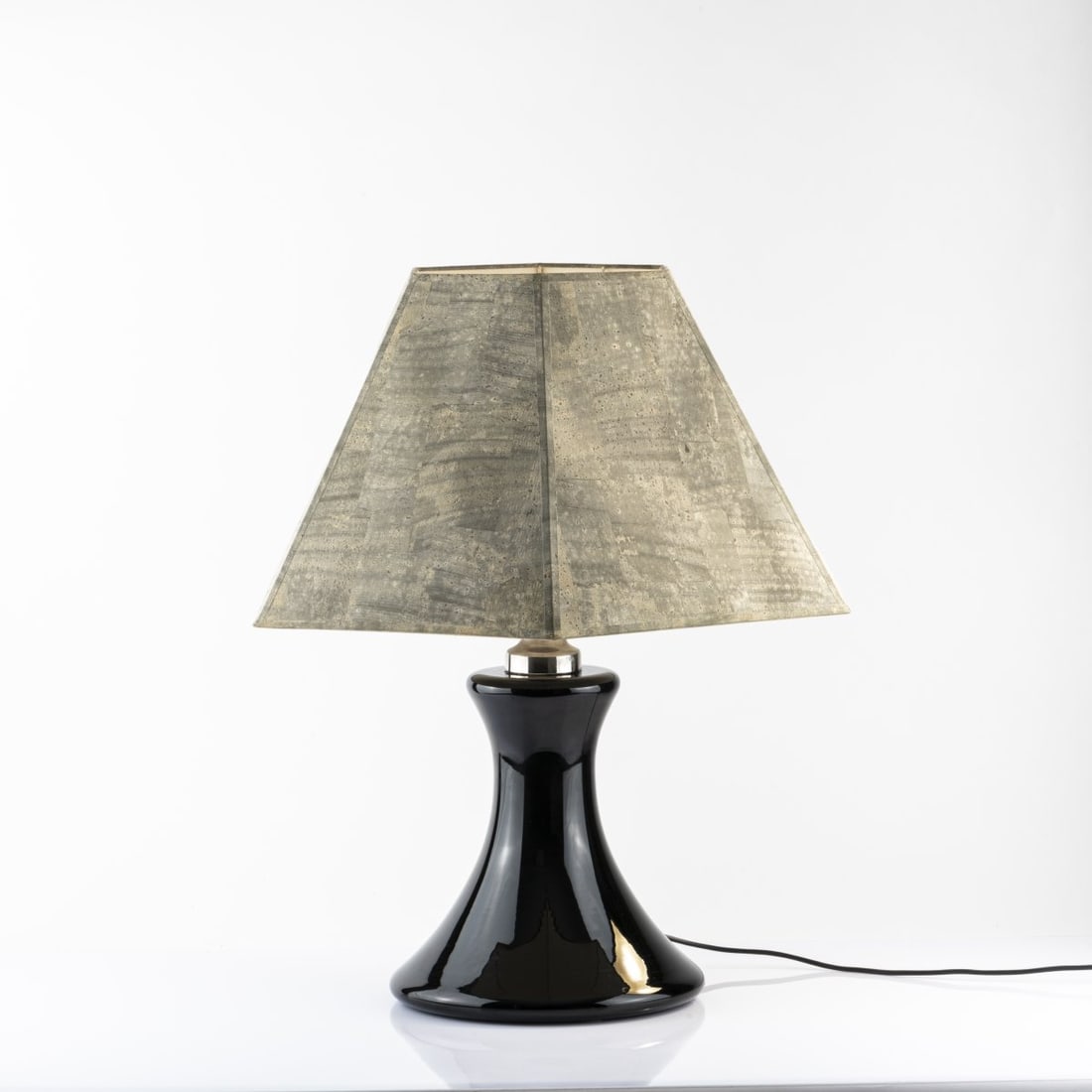 Ingo Maurer, Table light 'ML 5 Cork', 1970s: H. 70 cm, Ø 63.5 cm. Made by Ingo Maurer, Design M, Munich. Glass, black, cork shade. Marked: manufacturer's sticker.