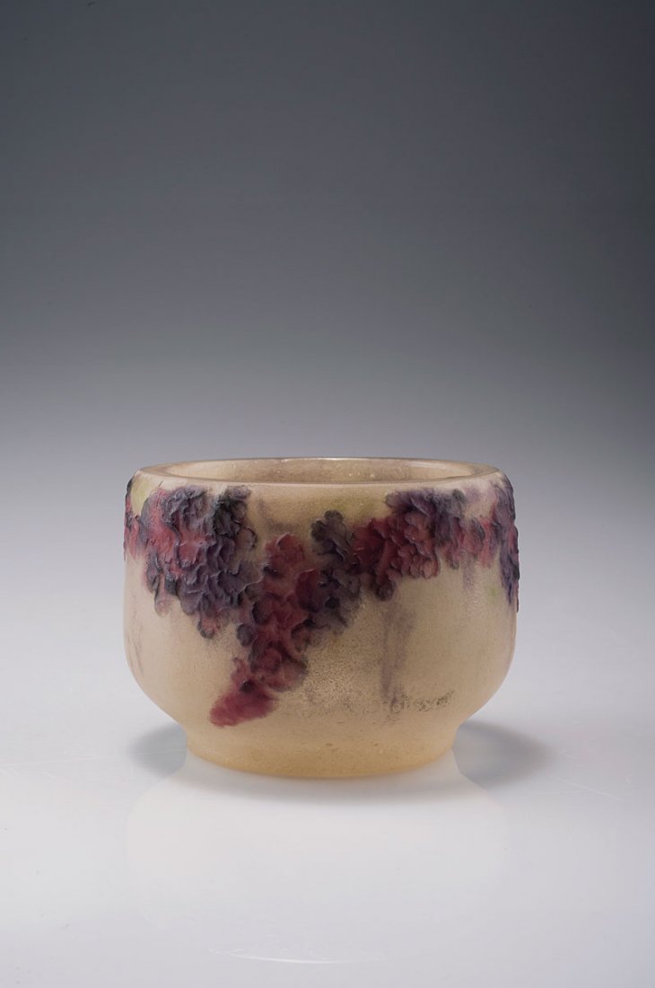 'Lichen' bowl, 1919: Gabriel Argy-Rousseau, Paris. Large 'Lichen' bowl, 1919. H. 7.9 cm; D. 11 cm. Pate de verre, translucid gather, moulded, pink and purple powder fusions, reliefed pattern with lichen. Marked: G. Argy-R