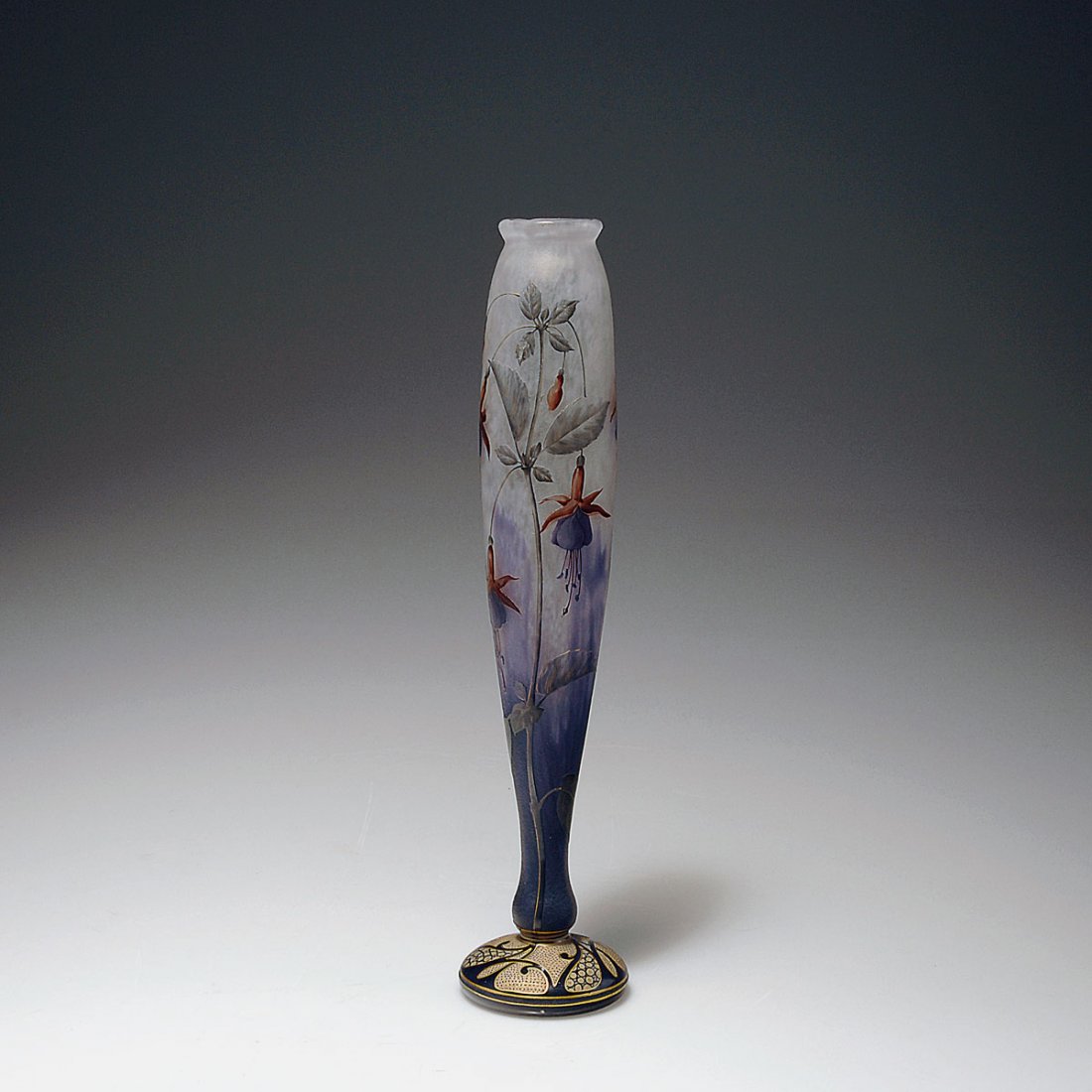 'Fuchsias' vase, 1905-10: Daum Freres, Nancy. 'Fuchsias' vase, 1905-10. H. 33.6 cm. Cased glass, clear, milky white and deep purple powder inclusions, rough ground. Etched and enamelled pattern, gold wash, Fuchsias. Lower part