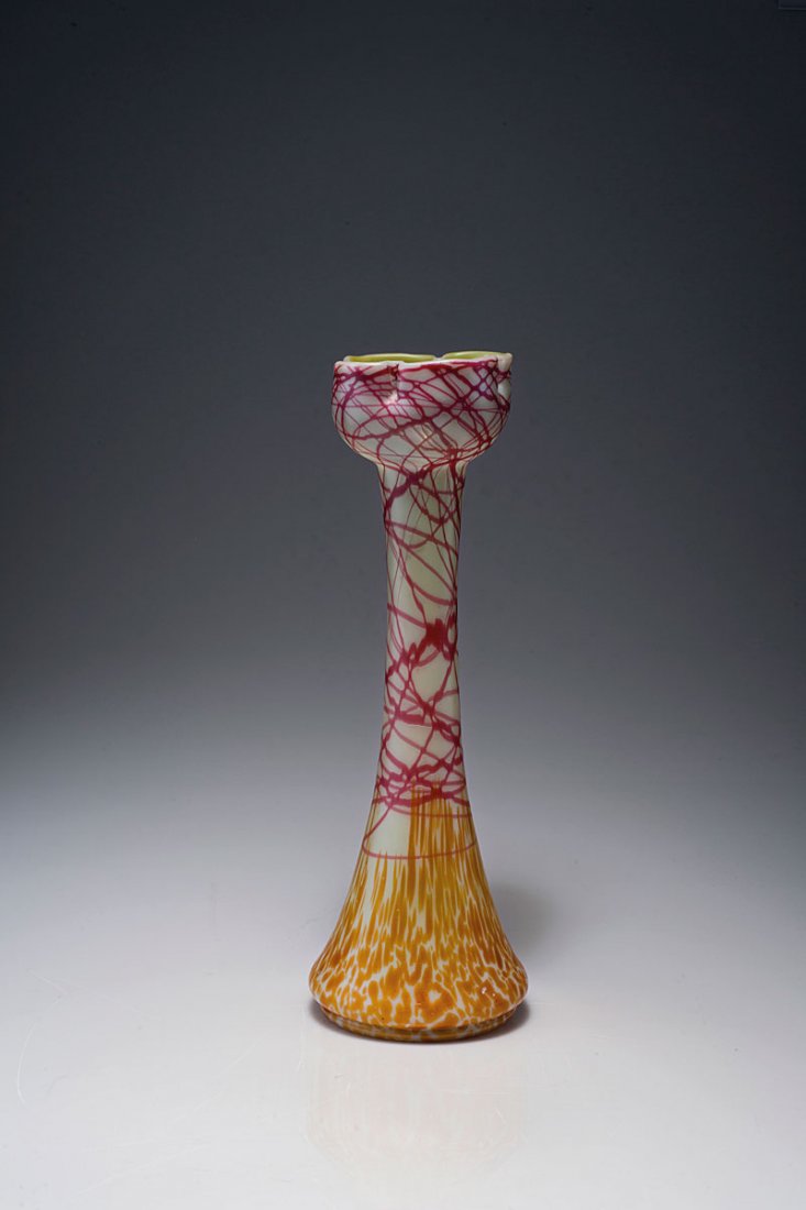 Vase, 1900-05: Glasfabrik Elisabeth, Wilhelm Habel, Kosten. Vase, 1900-05. H. 40.2 cm. Cased glass, milky blue and clear, pink threads, fused yellow and brown crushed glass, lustre.