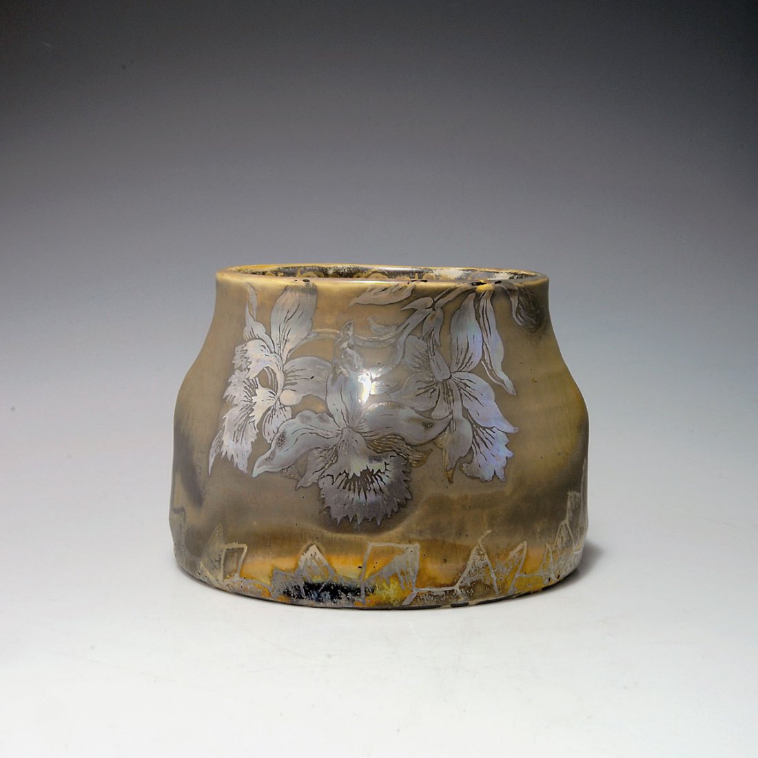 Vase, c1900: Keller & Guerin, Luneville. Vase, c1900. H. 11.9 cm. Earthenware, lustre glaze on matt beige. Flowers. Marked: K&G, Luneville, H, LUNeVILLE. Collection label Heuser.