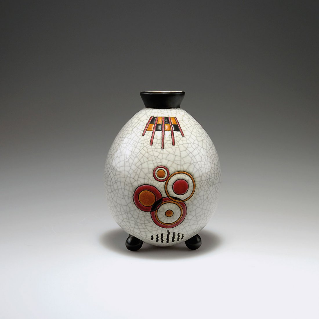 Vase, c1928: Faiencerie de Longwy. Vase, c1928. H. 17.8 cm; D. 13.5 cm. Earthenware, enamelled black, red and orange on white, grey craquelure. Marked: Maker's mark, SL, D. 3056, 19 11922 S 64 68.