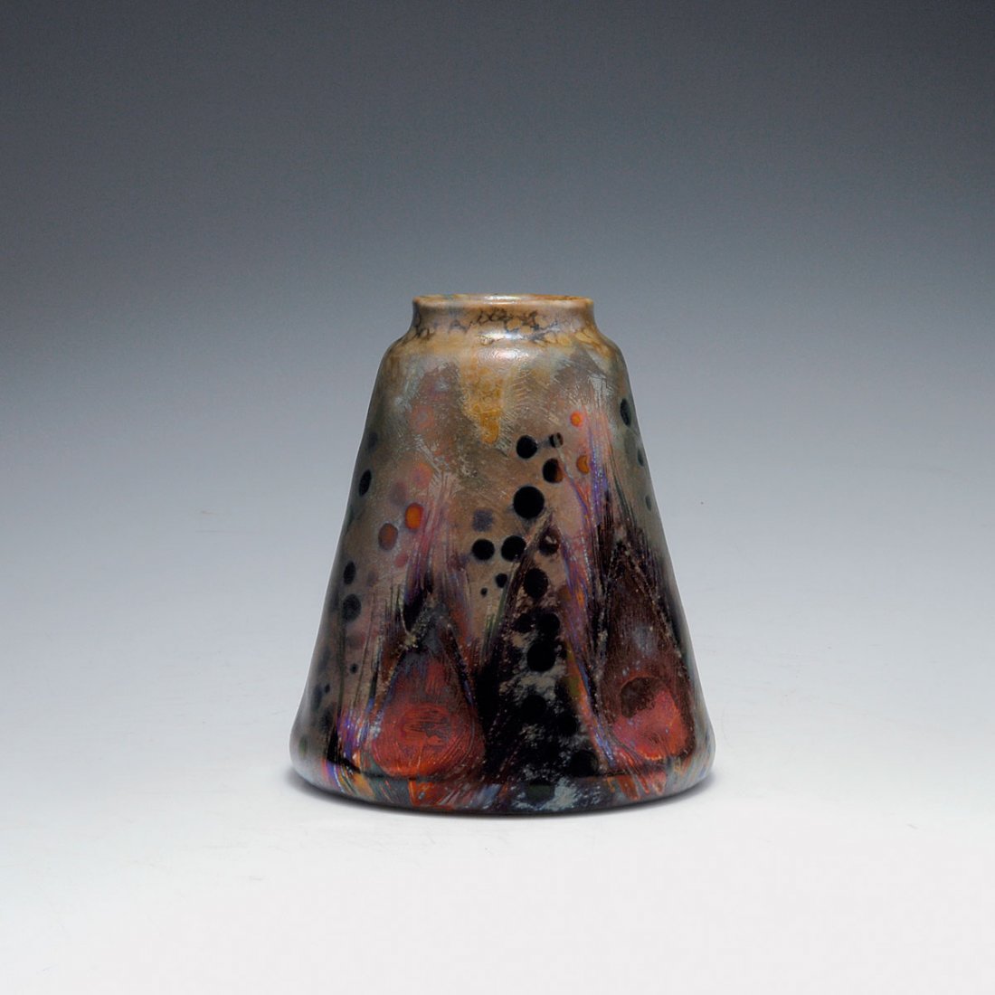 Vase, c1890: Clement Massier, Golfe-Juan. Vase, c1890. H. 15.9 cm. Designed by Lucien Levy-Dhurmer. Earthenware, lustre glaze in bronze beige and dark red, peacock pattern. Marked: CLEMENT MASSIER GOLFE-JUAN AM, C