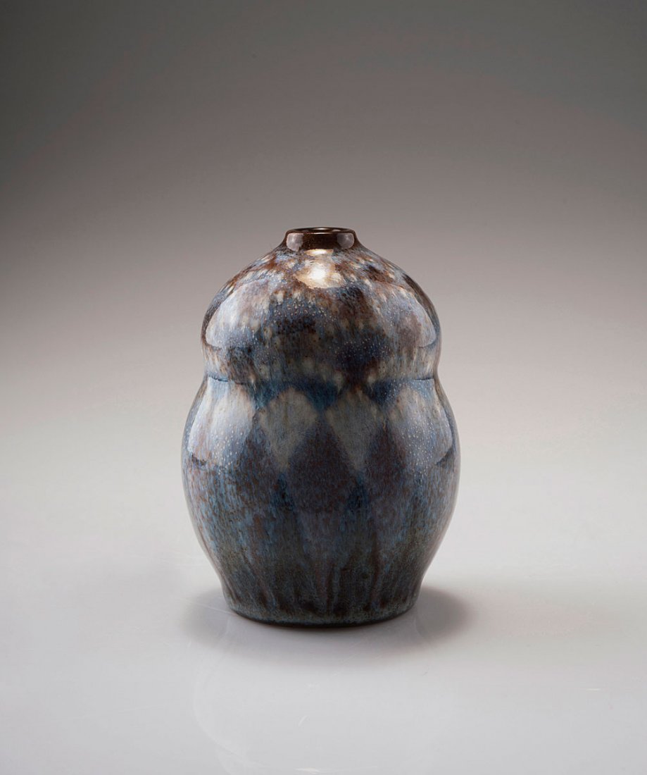 Small vase, 1931: Manufacture Nationale de Sevres. Small vase, 1931. H. 9.5 cm. Designed by A. Plantard. Stoneware, high-firing glaze, cloudy grey blue and brown. Marked: Maker's mark SEVRES, yearmark d, A. PLANTARD.