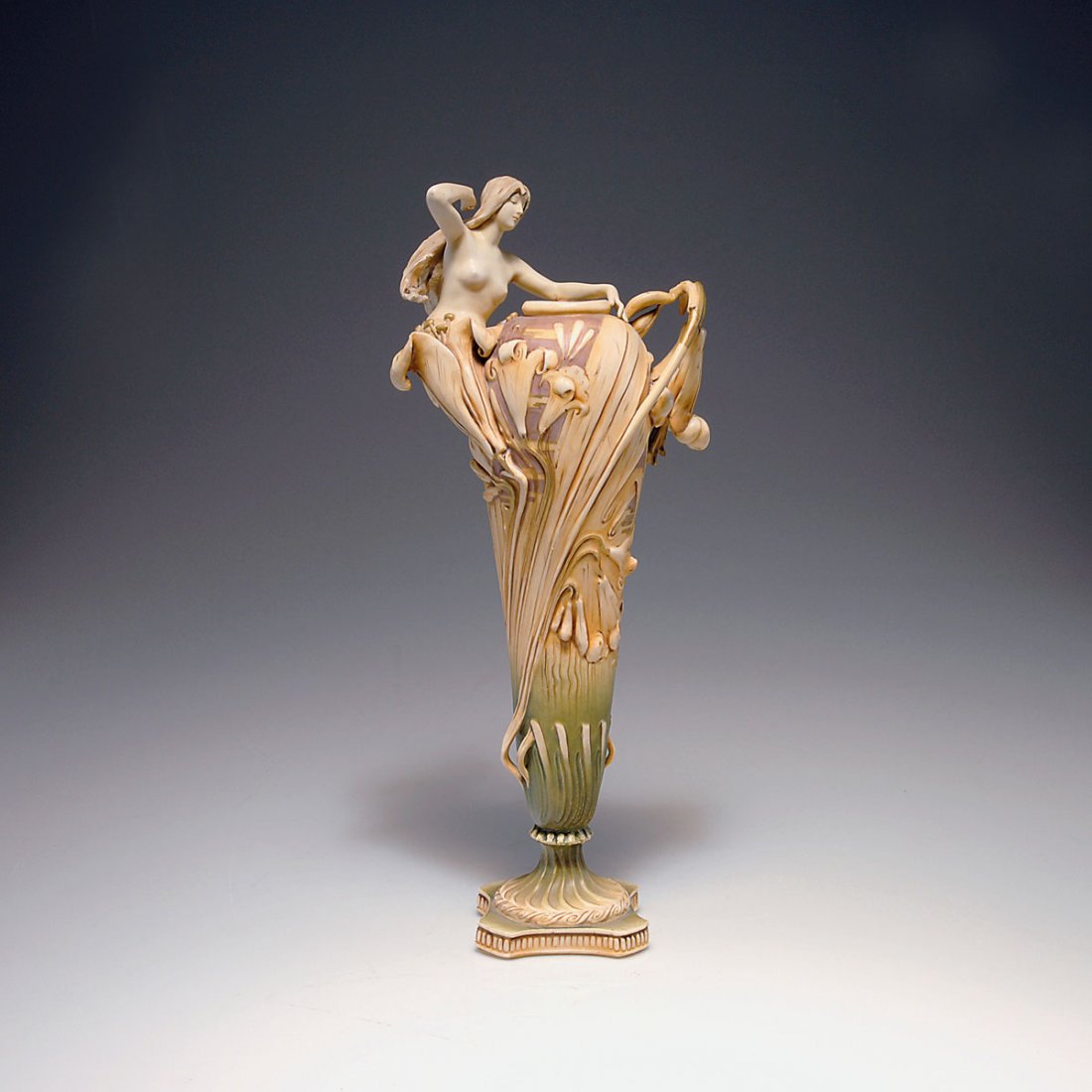 Vase, c1900: Amphora-Werke Riessner, Stellmacher & Kessel, Turn-Teplitz. Vase, c1900. H. 44 cm. Designed by Eduard Stellmacher (attributed). Earthenware, glazed matt, light green, yellow brown and pink. Marked: RS