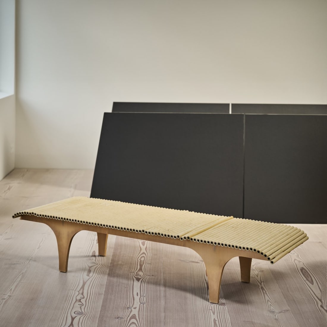 Shigeru Ban, 'Carta' bench, 1998 (design): H. 36 x 60 x 183 cm. Cappellini, Milan. Beech plywood, cardboard tubes.