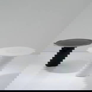 Luciano Vistosi (ATTR.), Two side tables, c. 1986 (design): H. 30 cm, Ø 49 cm. Vetreria Vistosi, Murano, 1986. Glass, white and black. Marked: Vistosi '86 (engraved) (underside of one table).