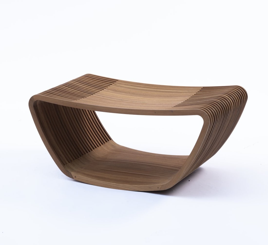 Barber & Osgerby: Edward Barber; Jay Osgerby, 'Hula' stool/ side table, 2000 (design): H. 35 x 75 x 45.5 cm. Cappellini, Milan. Teak. Marked: manufacturer's sticker.
